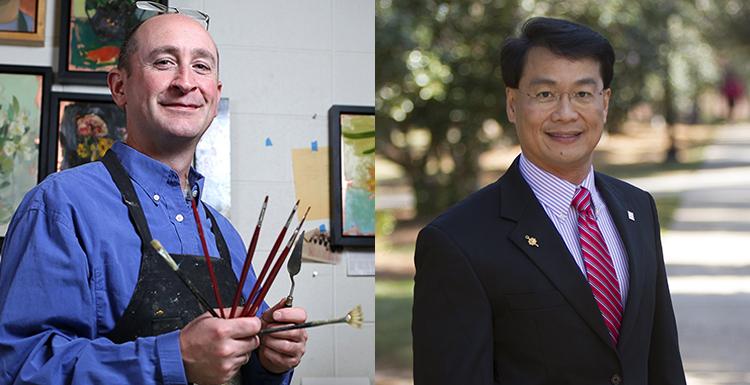 Dr. 罗穆卢斯Godang, 左, 物理学教授, 本杰明·沙姆巴克, 视觉艺术教授, 分别被选为Phi Kappa Phi的年度学者和艺术家.